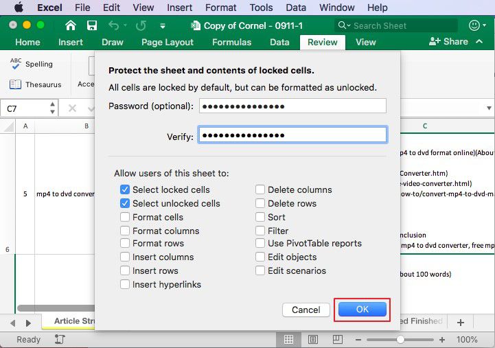 set password for excel sheet in mac